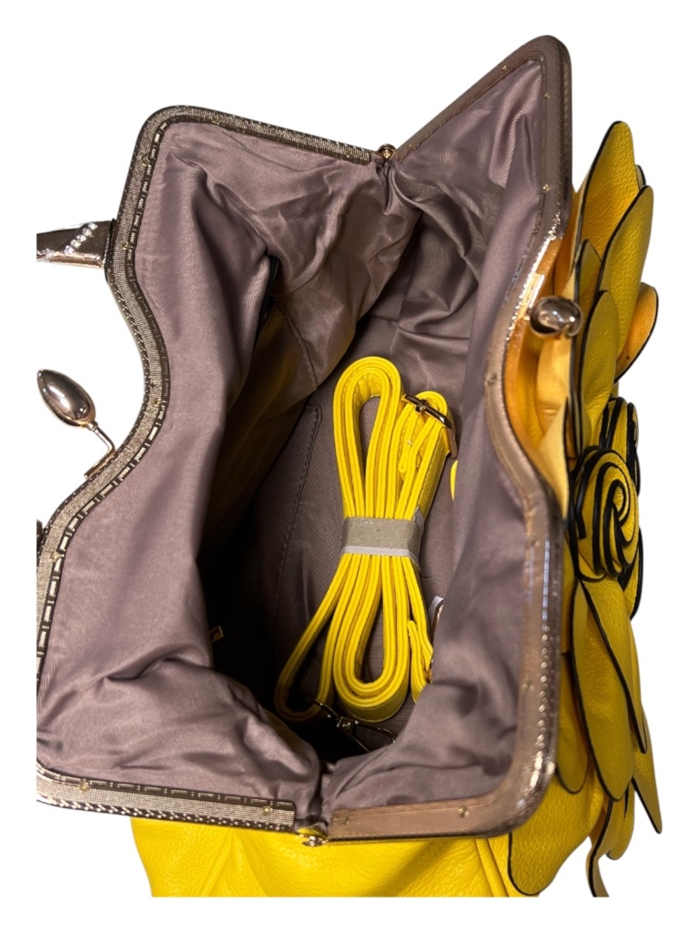 NWT Qiaoduo Yellow Satchel Handbag 3D Rose Structured Purse - Picture 7 of 10